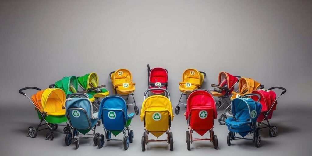 A colorful arrangement of old baby strollers and car seats repurposed into creative storage solutions, pet beds, and DIY projects, showcasing sustainable and innovative ideas.