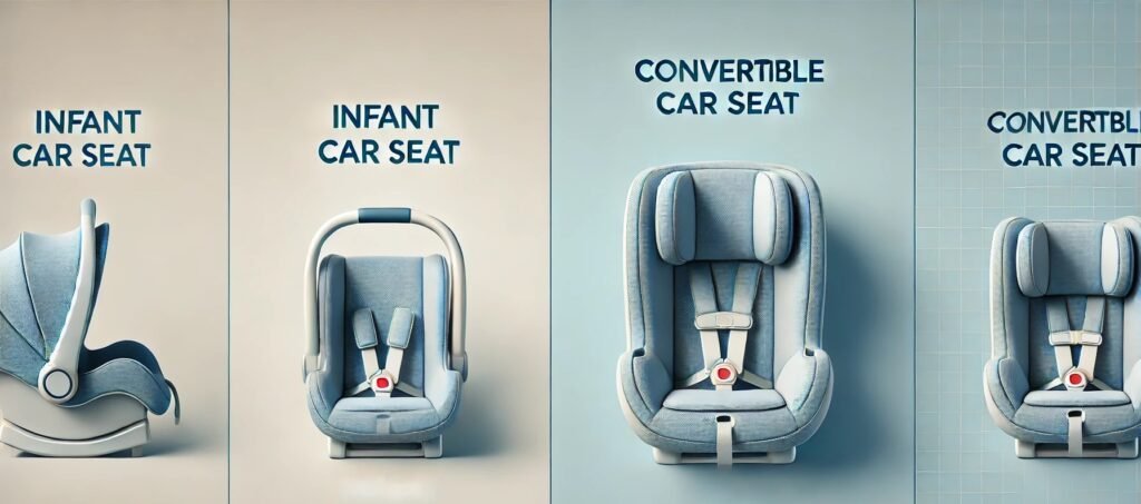 Illustration of infant and convertible car seats, highlighting their unique features and suitability for different stages.