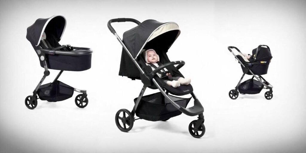 Image of a modern baby travel system featuring a sleek stroller with an integrated car seat, highlighting its convenience, safety, and versatility to make parenting easier