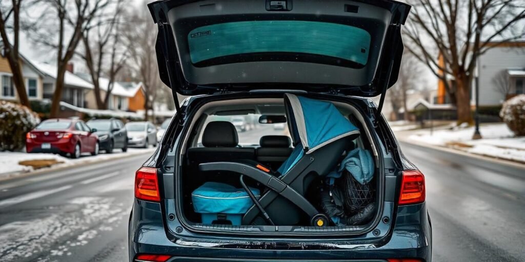 an image  Baby Trend Travel System Skyview Plus in Bluebell in a car, a stylish and convenient stroller and car seat combo for busy parents.