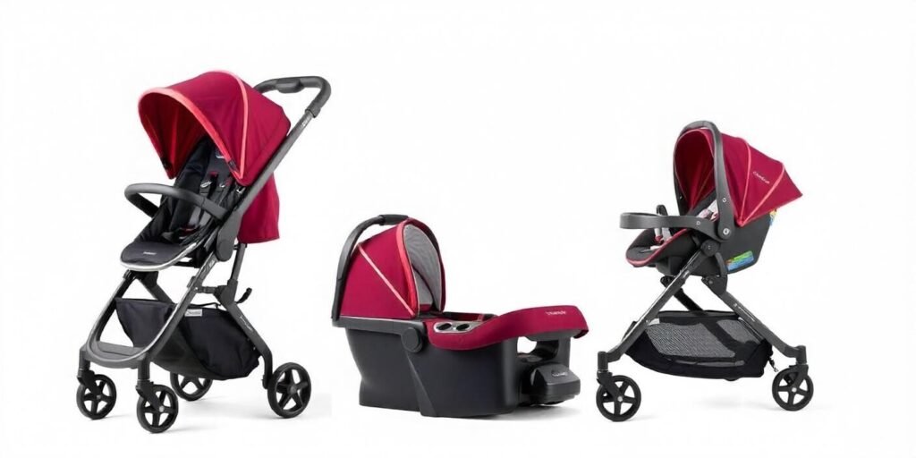 Image of a modern baby travel system featuring a sleek stroller with an integrated car seat, highlighting its convenience, safety, and versatility to make parenting easier