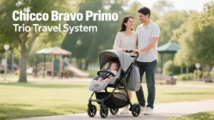 parents walking in market with baby in Chicco Bravo Primo Trio Travel System Review
