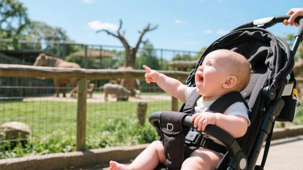 A baby in the stroller in happy mood in the zoo
