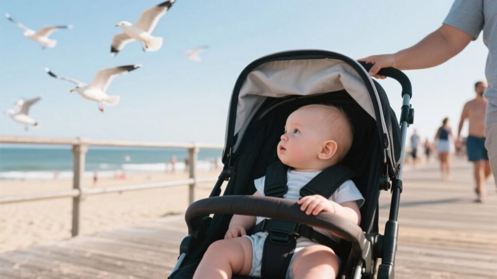 a baby in a stroller with his parents on the beech enjoying flying birds