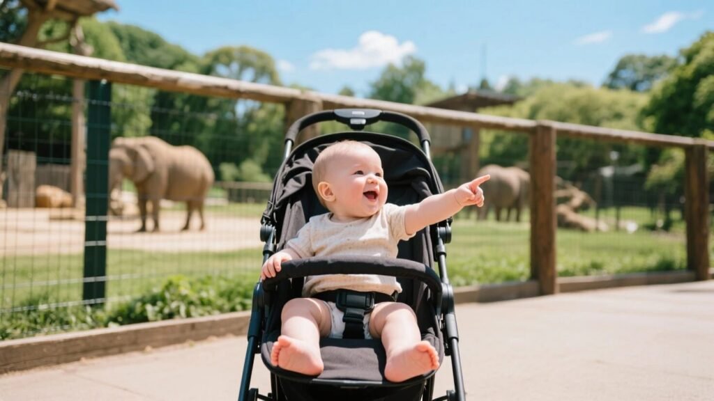a baby in a stroller in zoo in happy mood
