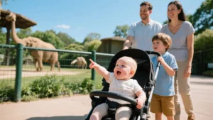 A happy baby sitting upright in a stroller during a sunny walk in the park, with a parent pushing the stroller and smiling in the background.