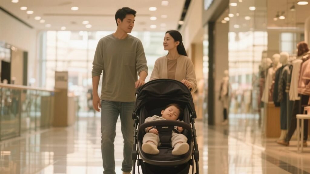A baby sleeping in the stroller in shopping mall with parents 