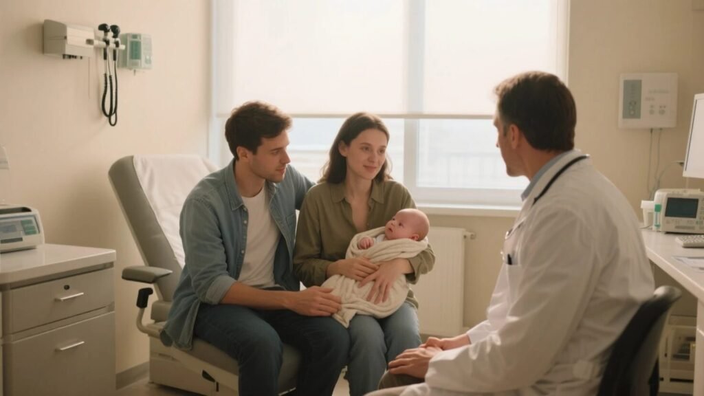 a couple sits in doctor cabin with their 4 months old baby and busy in conversation with doctor