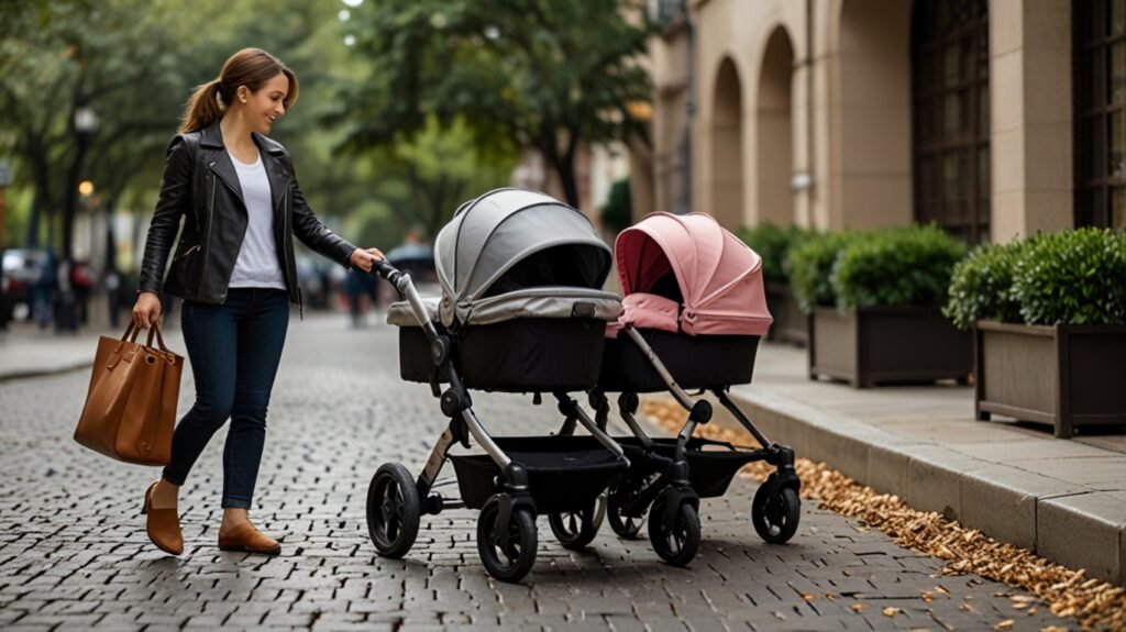 Side-by-side comparison of a luxury stroller with premium features and a budget baby stroller with a simple design