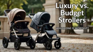Side-by-side comparison of a luxury stroller with premium features and a budget baby stroller with a simple design