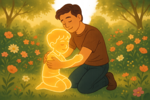 A heartfelt illustration of a parent embracing their child under a warm light, with symbolic shadows of past generations fading in the background—representing the healing journey of breaking generational parenting cycles with love, awareness, and growth.