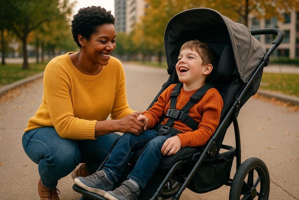 a mother with his disable kid special needs stroller with real solutions.