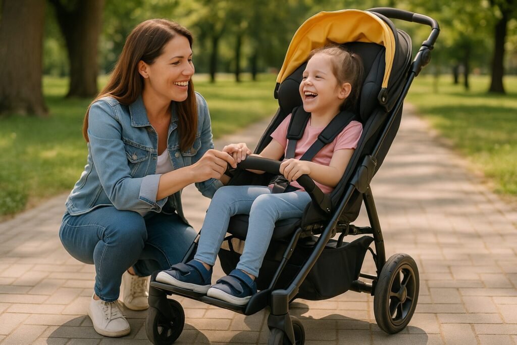 a mother with his disable kid special needs stroller with real solutions.
