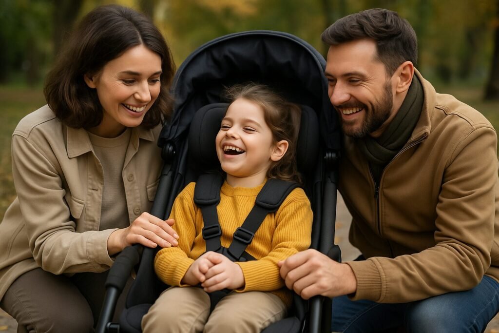 A special needs stroller is a type of mobility aid developed for toddlers and adults with physical, neurological, or developmental issues in a park with her parents.
