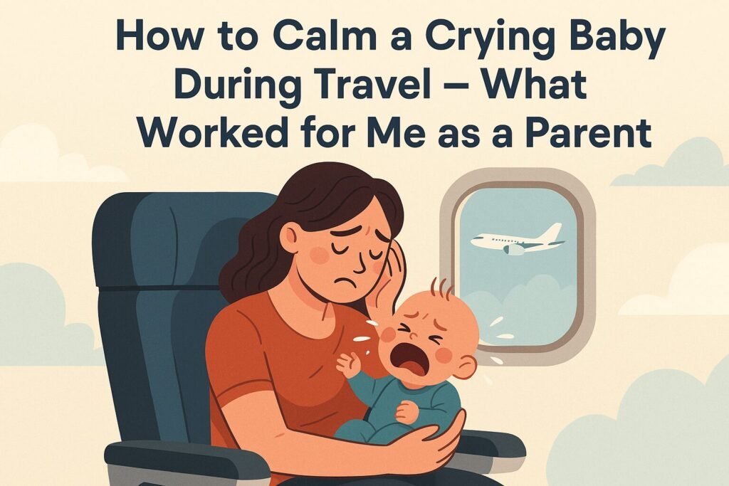 Parent holding and soothing a crying baby during travel on an airplane, showing real-life tips to calm infants while flying or driving