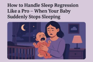 A tired parent holding a restless baby at night, symbolizing the struggle of handling sleep regression when a baby suddenly stops sleeping.