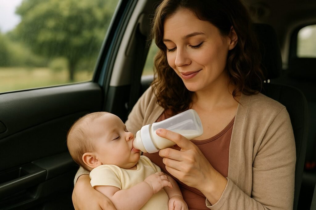 A mom try to How to Calm a Crying Baby During Traveling 