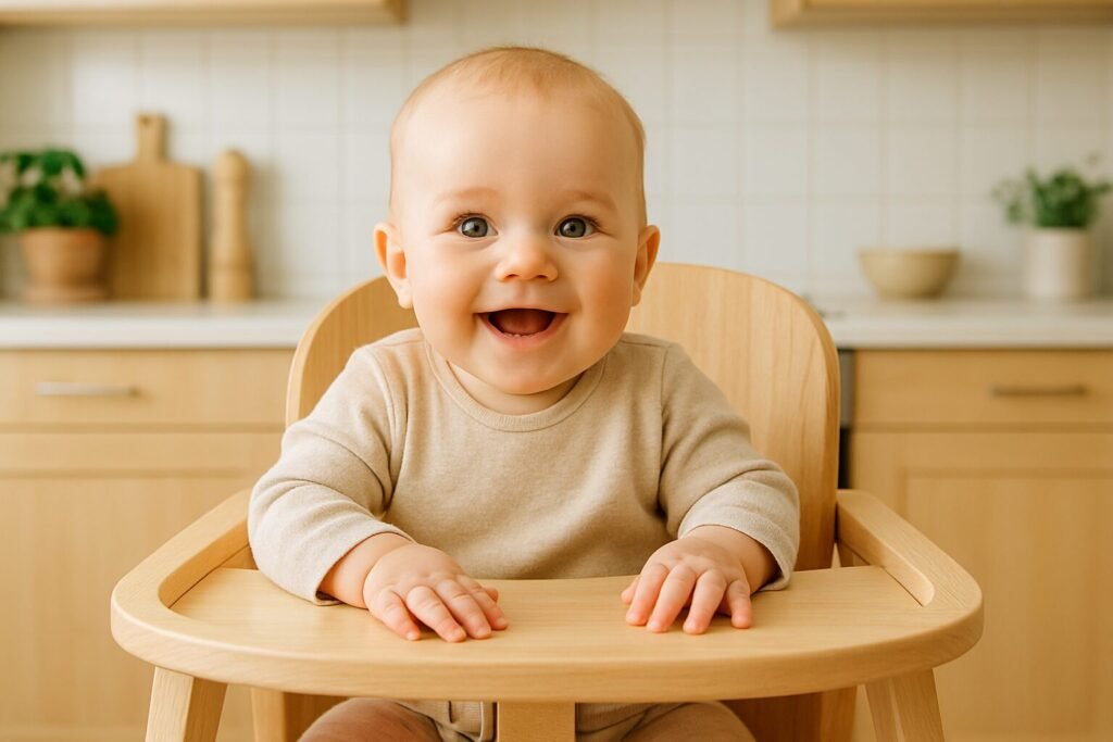 Six-month-old baby sitting in a high chair, illustrating best age for when can baby sit in high chair.