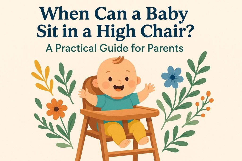 Smiling baby sitting upright in a high chair, showing when can baby sit in high chair readiness signs.