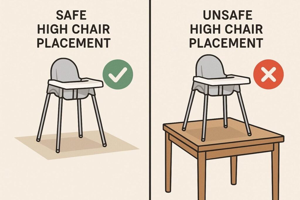 High chair safely placed on flat floor surface, contrasted with unsafe example of high chair on table, showing safe high chair placement.