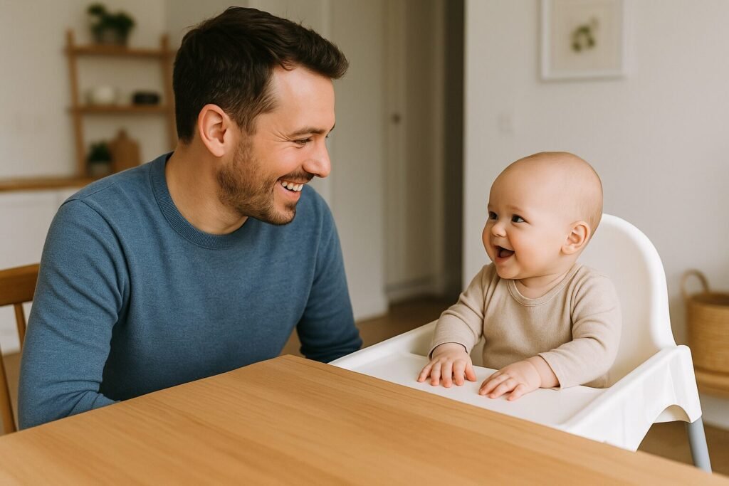 Parent supervising baby in a high chair during mealtime, emphasizing baby high chair safety and close monitoring.