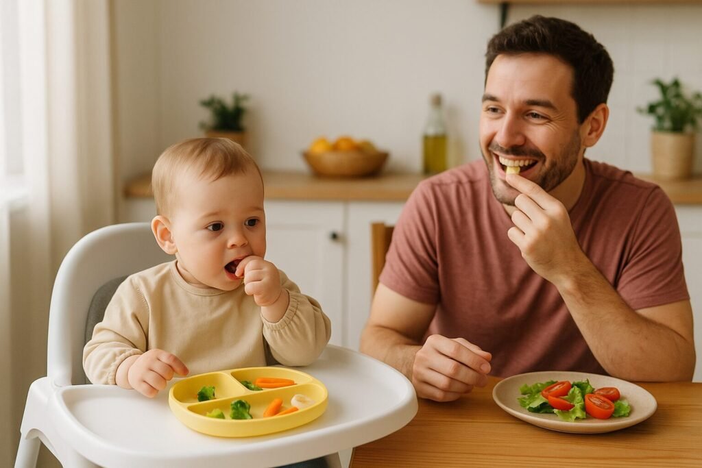 Baby learning self-feeding in high chair with family at the table, showing good mealtime habits and high chair safety.