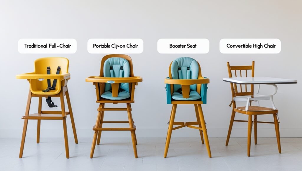 Comparison of different types of baby high chairs including full-size, booster, clip-on, and convertible models for parents to choose from.