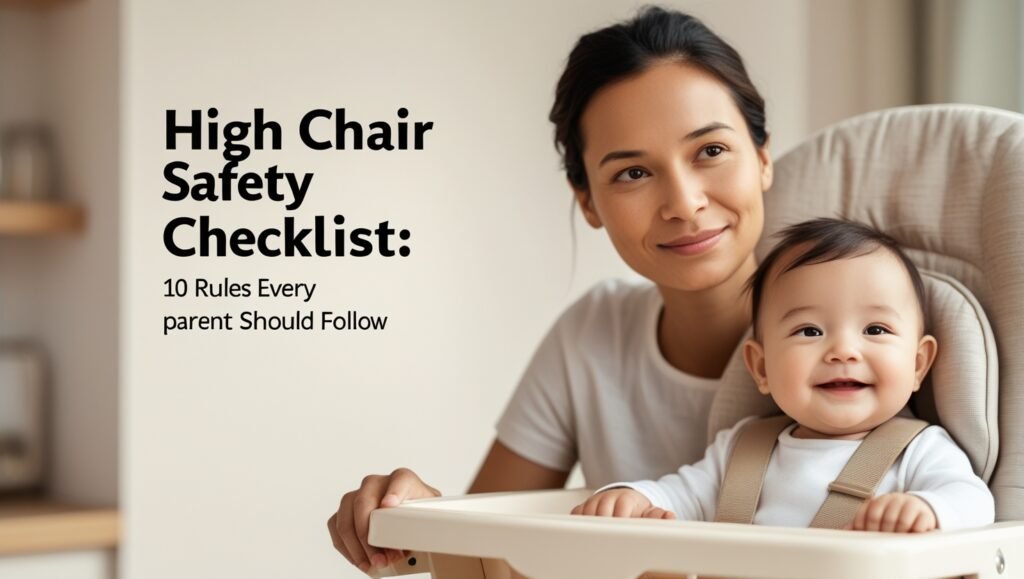 Baby sitting safely in a high chair with five-point harness during family mealtime, showing high chair safety at the dining table.