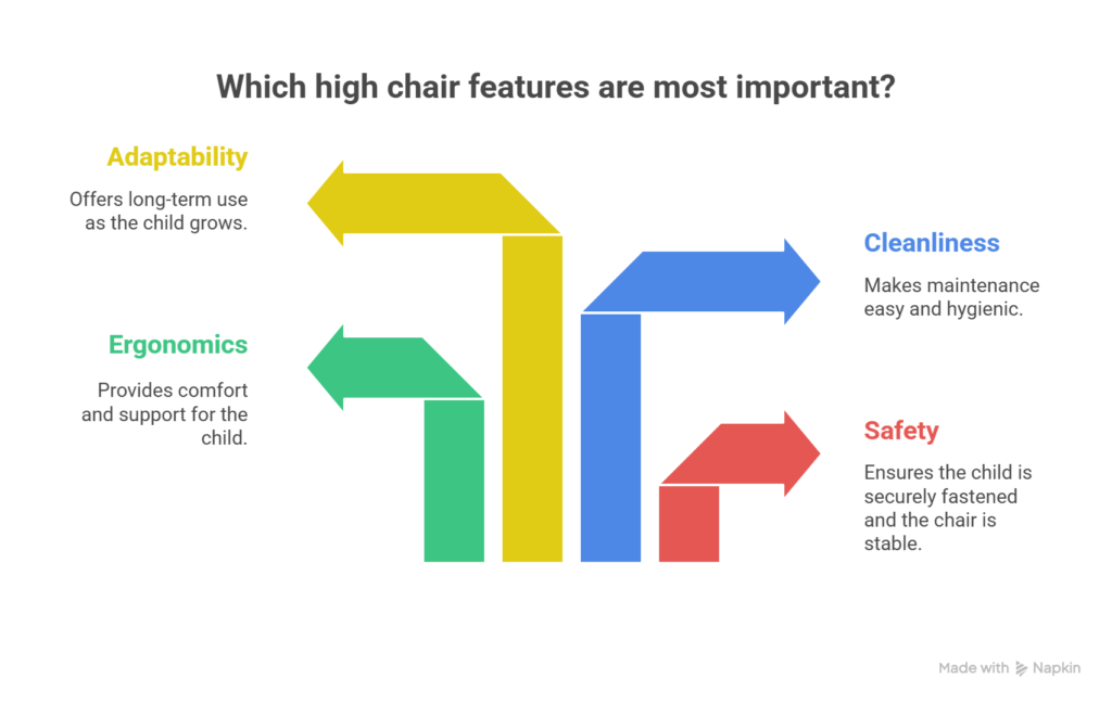 Modern ergonomic high chair with harness, showing features to consider for when can baby sit in high chair.