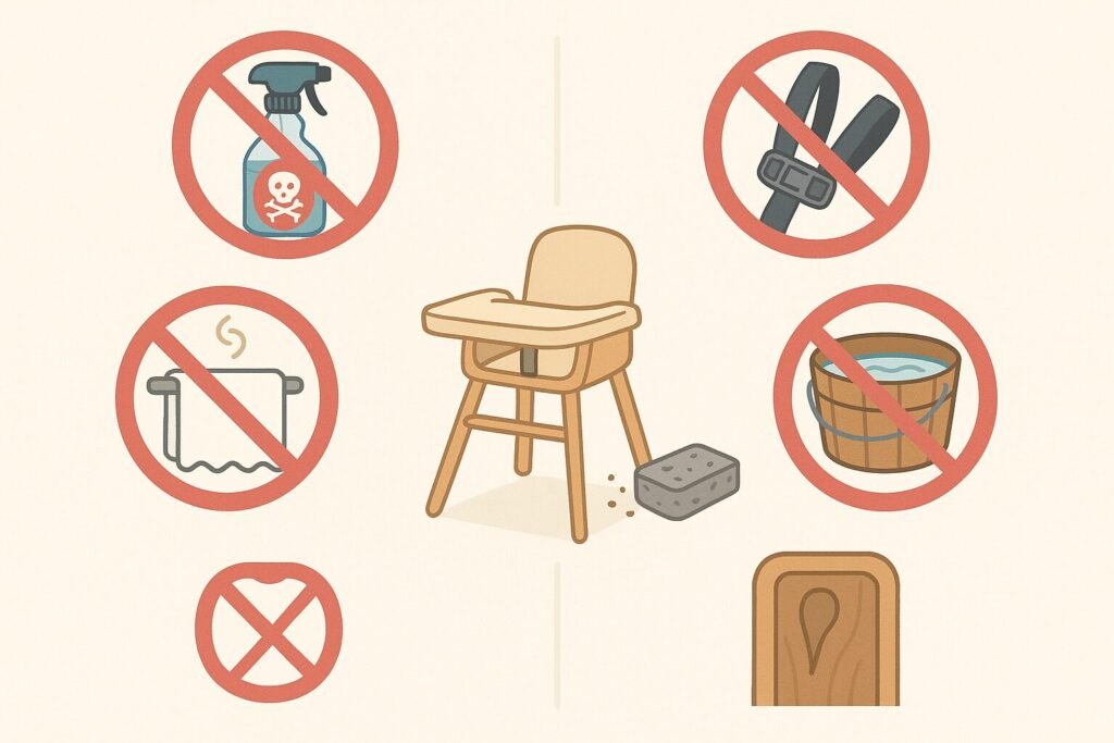Avoiding common mistakes like using bleach, skipping strap cleaning, or soaking wooden parts focusing on safe and gentle cleaning for baby’s hygiene.