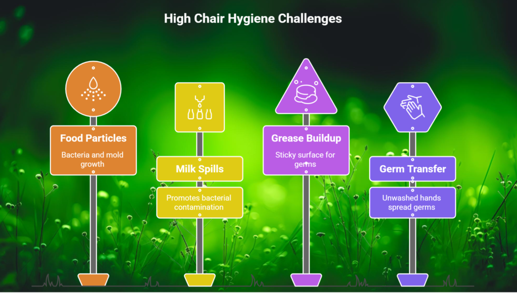 infographics of baby high chair after meal, demonstrating how to clean baby high chair