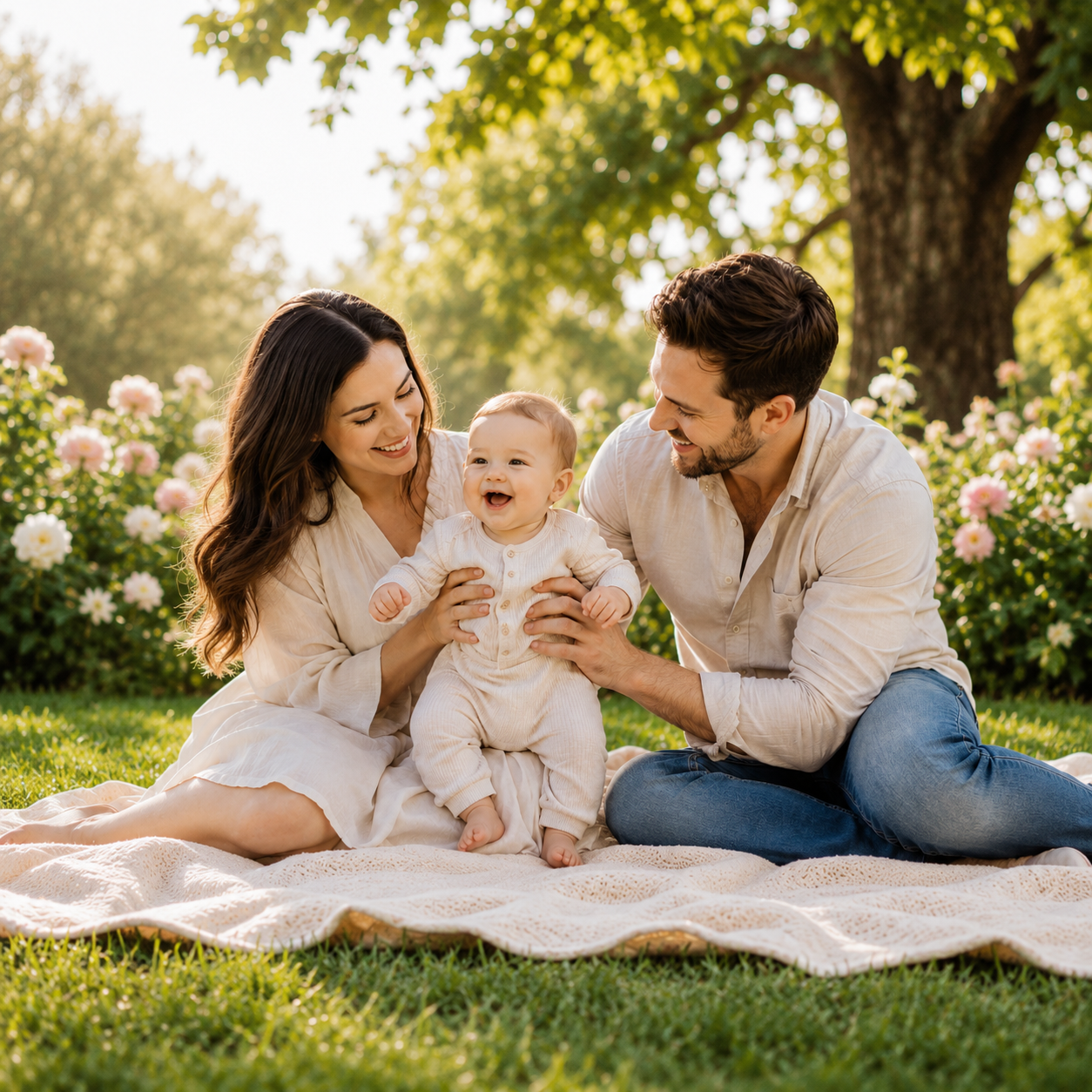 Home family enjoying a sunny garden moment