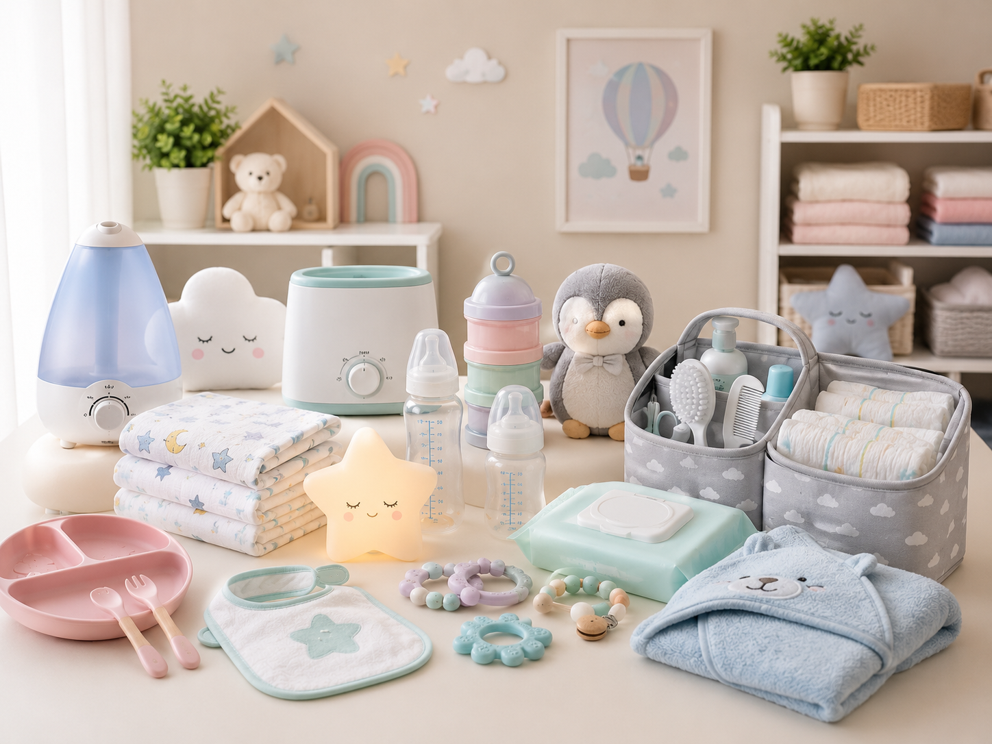pastel baby nursery essentials display