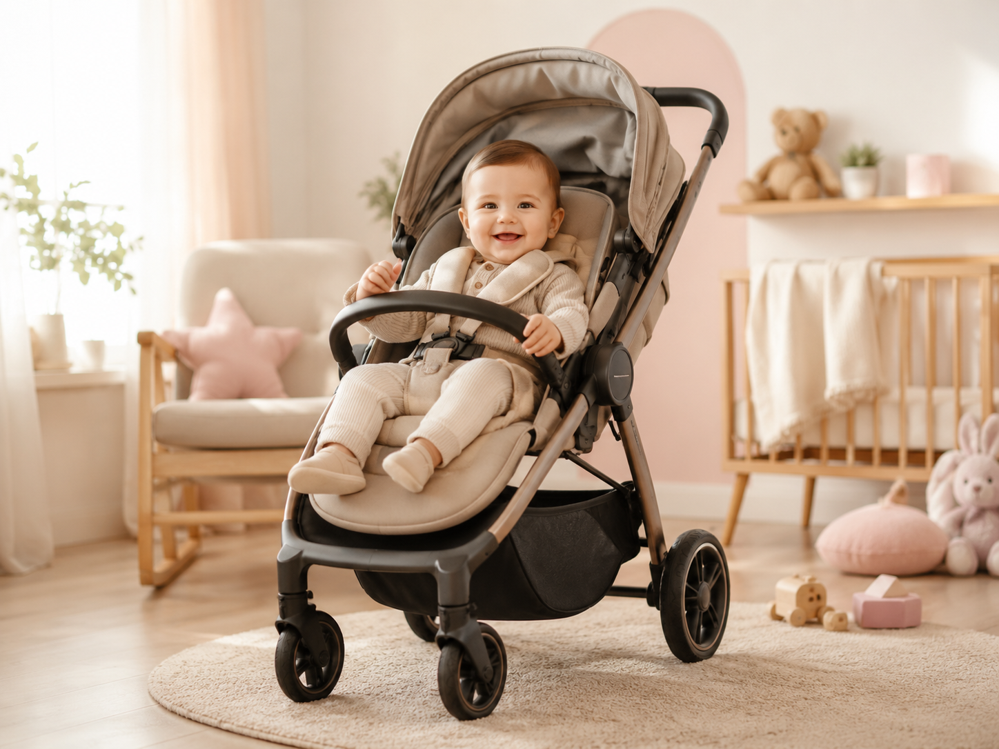 Home nursery with joyful baby in stroller
