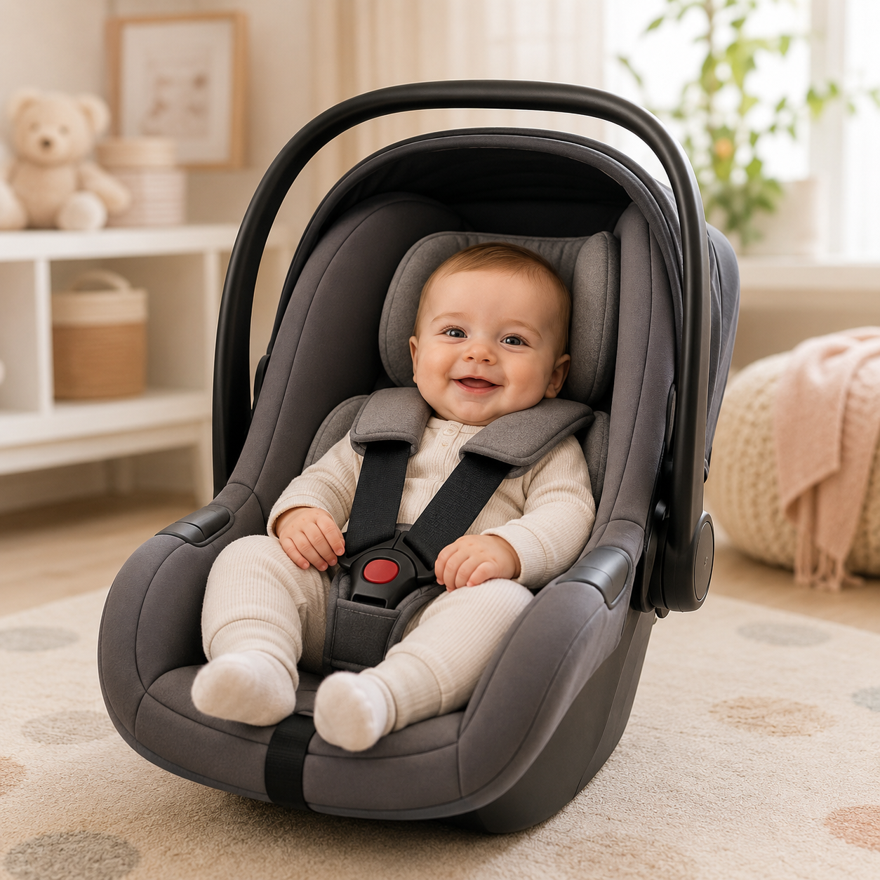 Home smiling baby in car seat