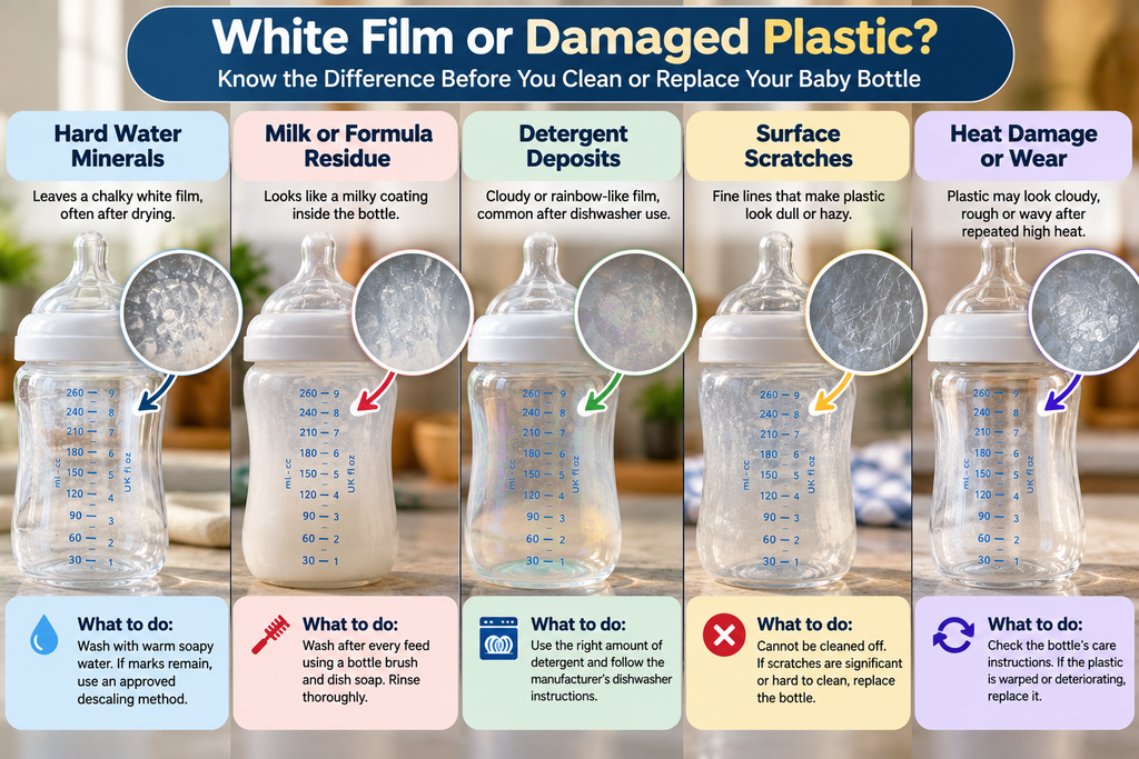 diffrence before you cleen or replace Clear and cloudy baby bottles showing white residue after washing.