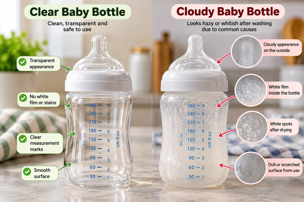 Clear vs cloudy baby bottles showing white residue after washing.
